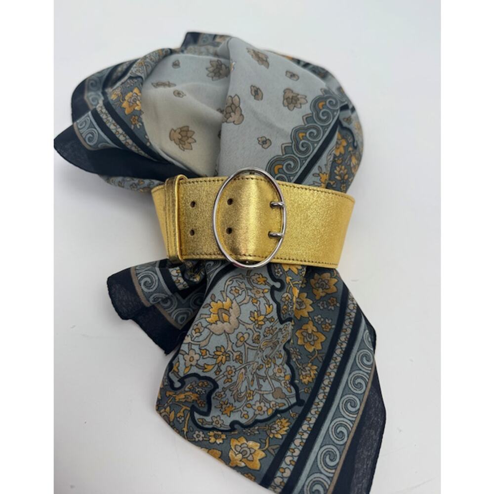 Prada Metallic Gold Leather Wide Statement Belt 36/85 Oval Buckle Made in Italy